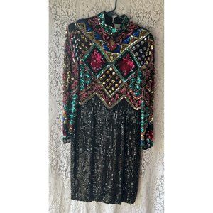 VTG Oleg Cassini Black Tie Silk Beaded Sequin Evening Dress Womens 10 Formal